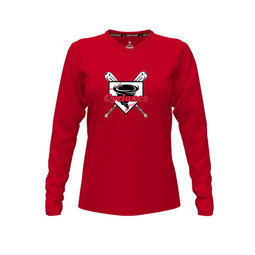 [FTLVCFRD-FYXS-LOGO1] Decker Comfort T-Shirt (Female Youth XS, Red, V Neck, Logo 1, Long Sleeve)